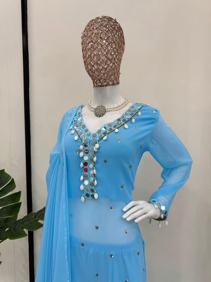 Fabulous Sky Blue Color Faux Georgette Thread With Sequence And Real Mirror Work Palazzo Suit