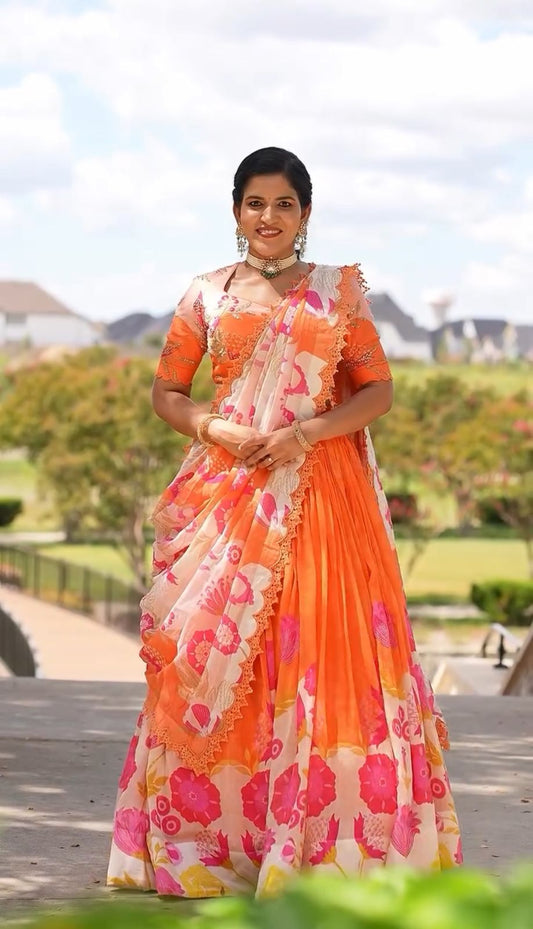 Latest Designer Orange Color Cotton With Floral Printed Beautiful Lehenga Choli