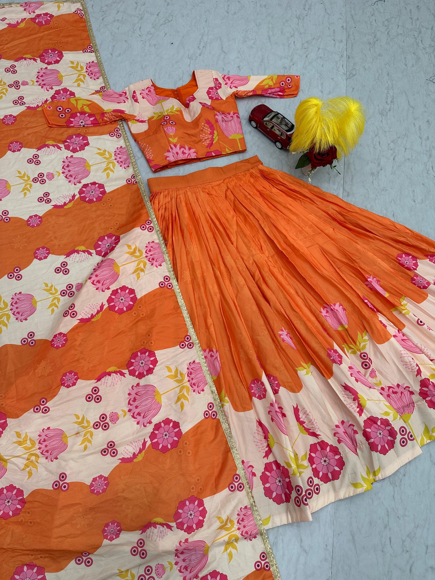 Latest Designer Orange Color Cotton With Floral Printed Beautiful Lehenga Choli