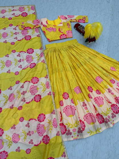 Latest Designer Yellow Color Cotton With Floral Printed Beautiful Lehenga Choli