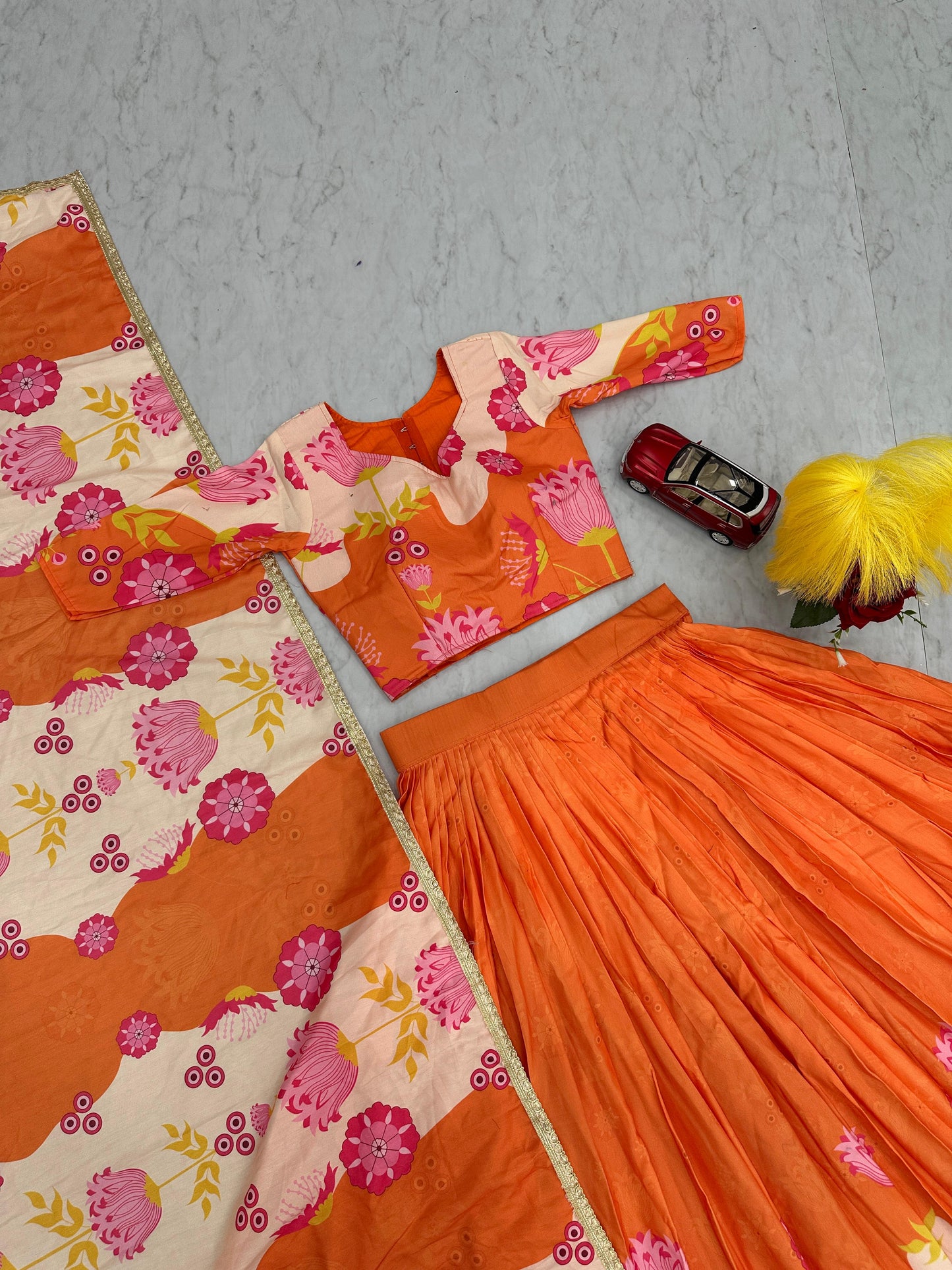 Latest Designer Orange Color Cotton With Floral Printed Beautiful Lehenga Choli