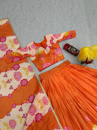 Latest Designer Orange Color Cotton With Floral Printed Beautiful Lehenga Choli