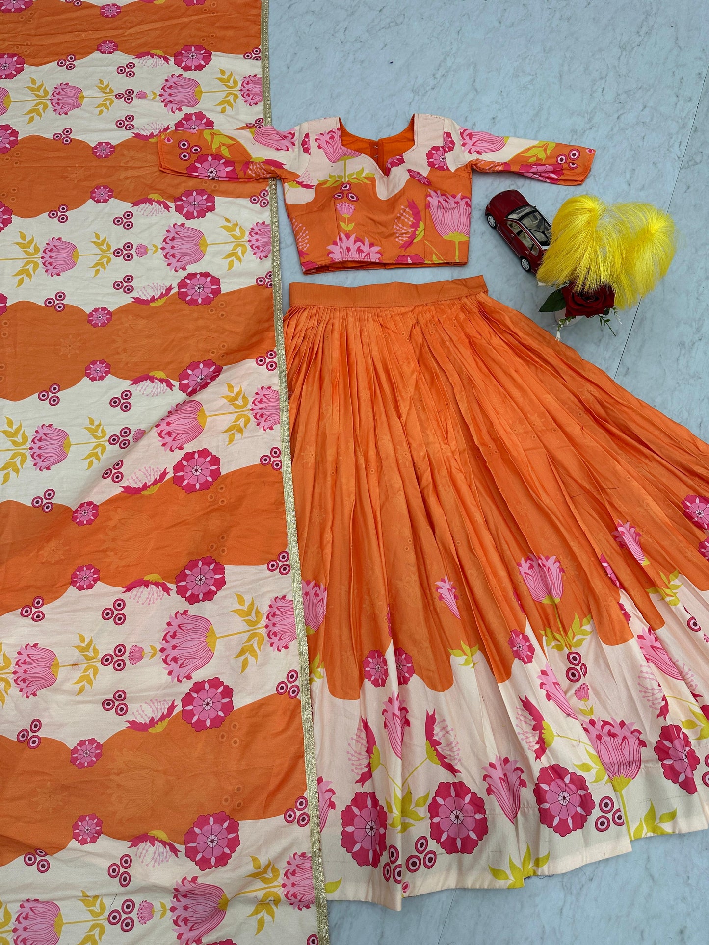 Latest Designer Orange Color Cotton With Floral Printed Beautiful Lehenga Choli
