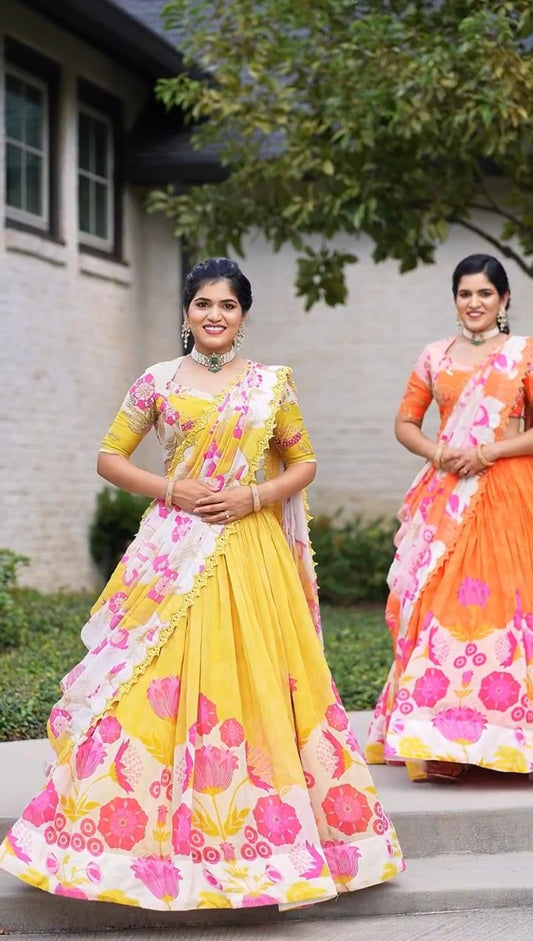 Latest Designer Yellow Color Cotton With Floral Printed Beautiful Lehenga Choli