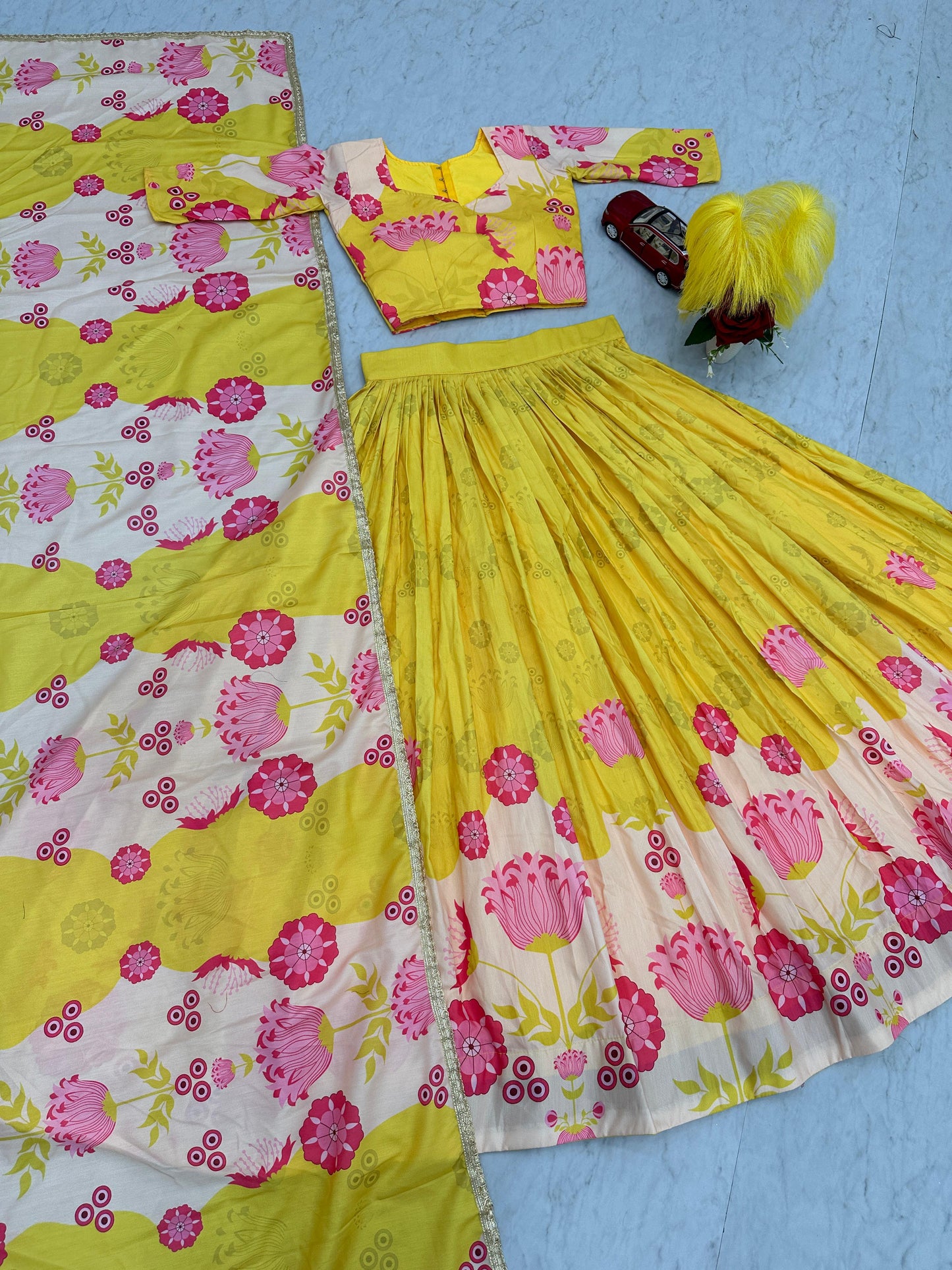 Latest Designer Yellow Color Cotton With Floral Printed Beautiful Lehenga Choli