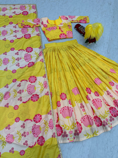 Latest Designer Yellow Color Cotton With Floral Printed Beautiful Lehenga Choli