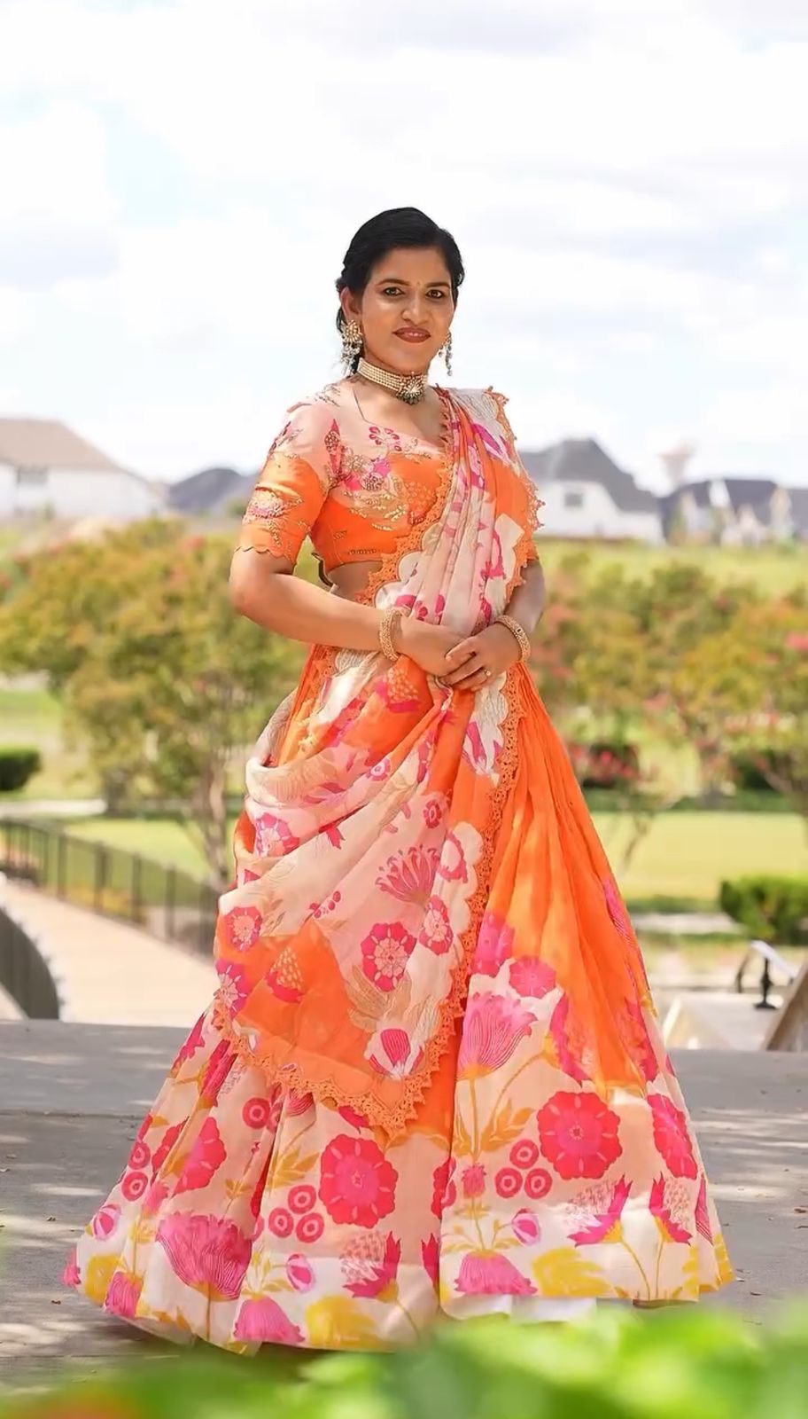 Latest Designer Orange Color Cotton With Floral Printed Beautiful Lehenga Choli