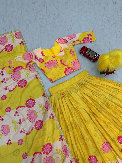 Latest Designer Yellow Color Cotton With Floral Printed Beautiful Lehenga Choli