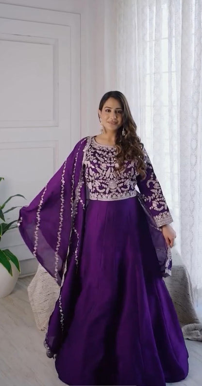Exclusive Royal Blue Color Chinon With Heavy Embroidery Thread Work Beautiful Gown