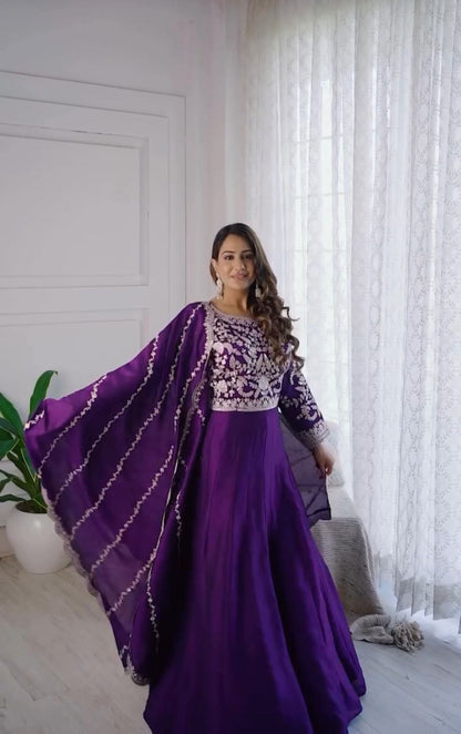 Exclusive Royal Blue Color Chinon With Heavy Embroidery Thread Work Beautiful Gown