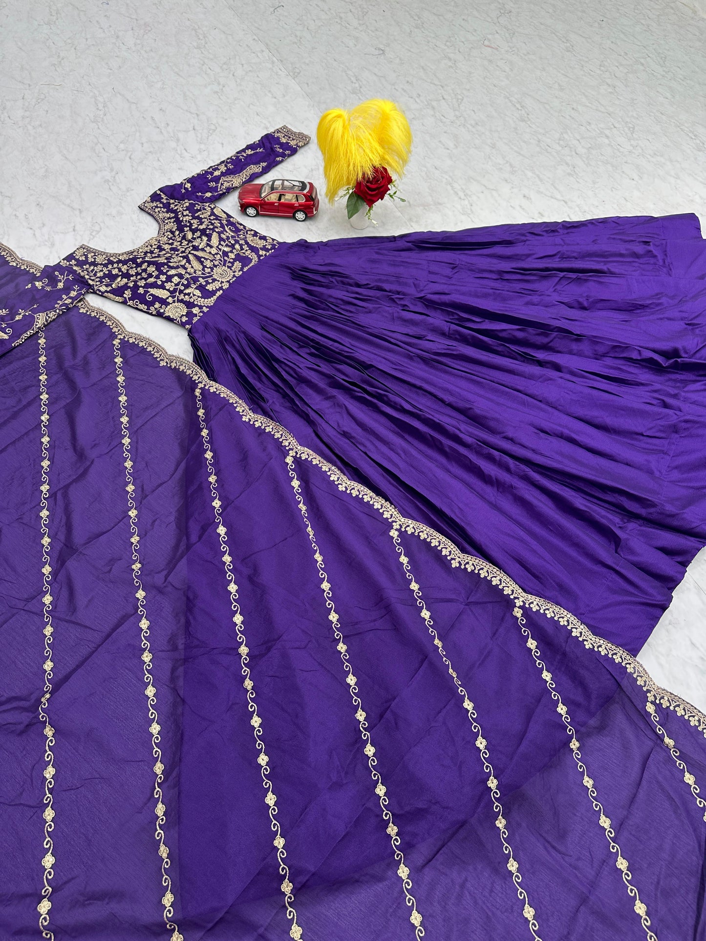 Exclusive Royal Blue Color Chinon With Heavy Embroidery Thread Work Beautiful Gown