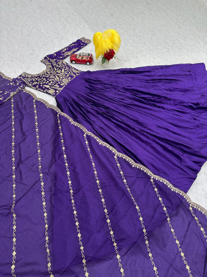 Exclusive Royal Blue Color Chinon With Heavy Embroidery Thread Work Beautiful Gown