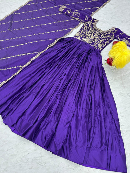 Exclusive Royal Blue Color Chinon With Heavy Embroidery Thread Work Beautiful Gown