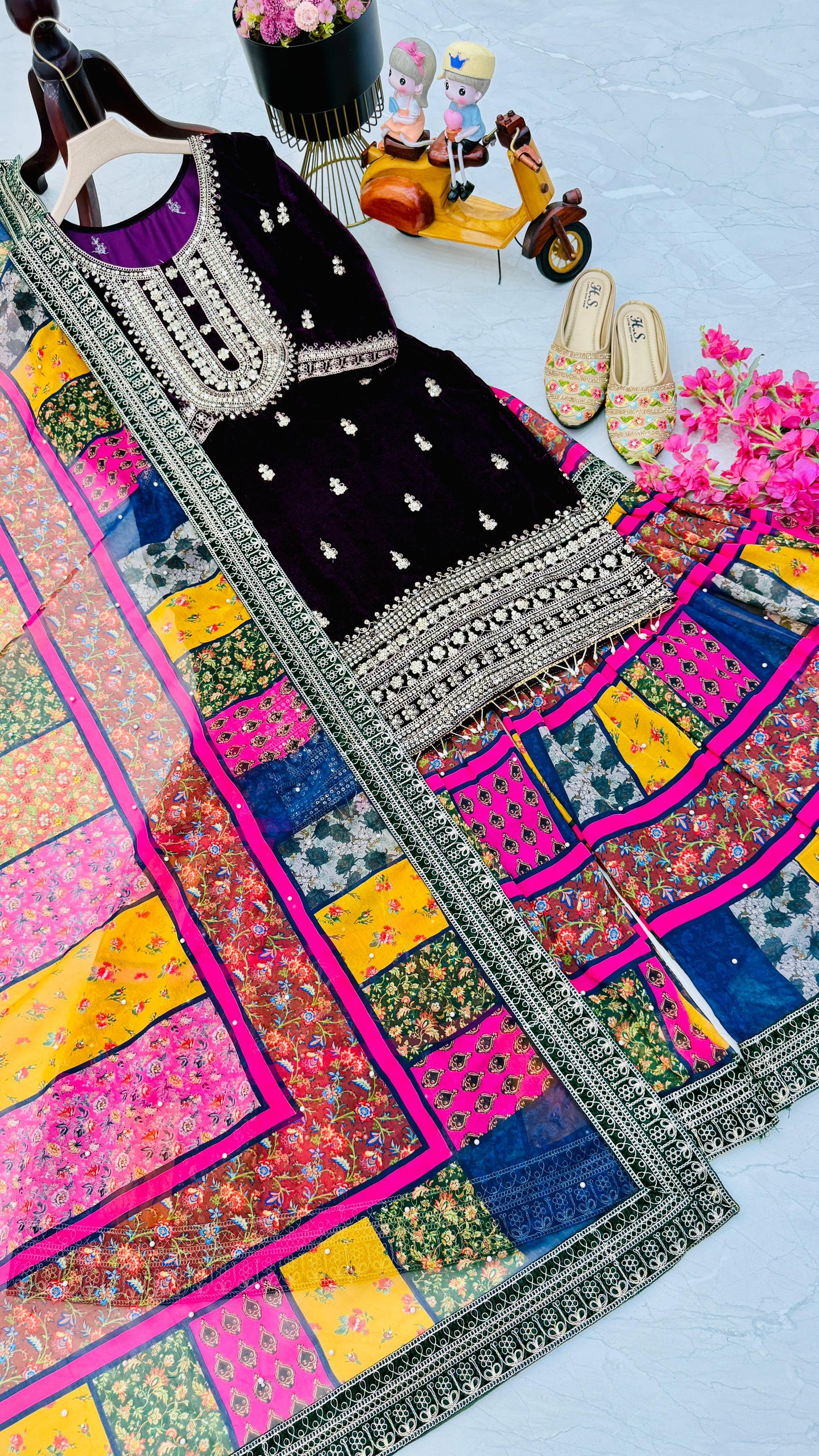 Reception Wear Black Color Velvet With Embroidery Codding Sequence Work Velvet Sharara Suit