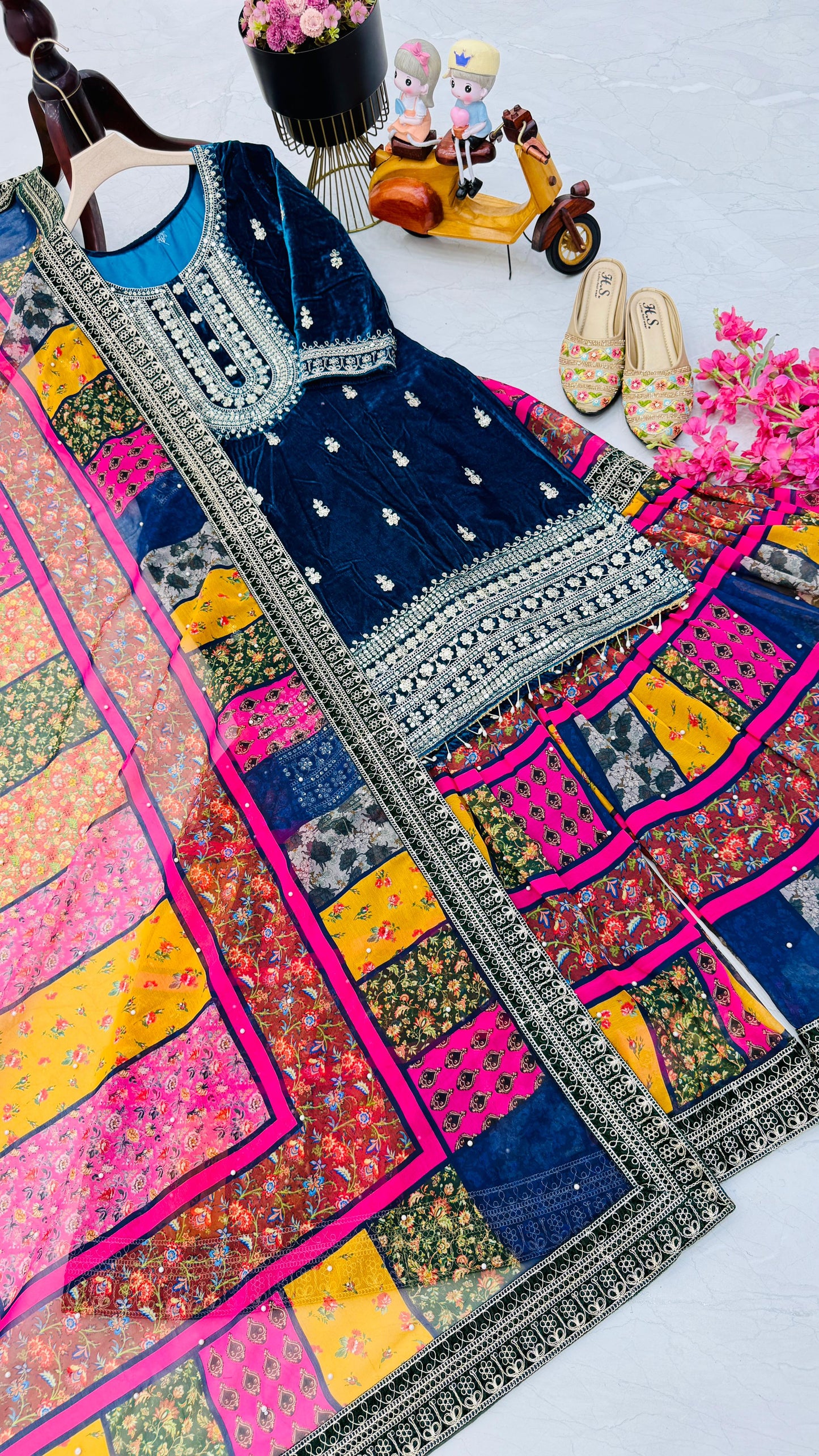 Reception Wear Blue Color Velvet With Embroidery Codding Sequence Work Velvet Sharara Suit