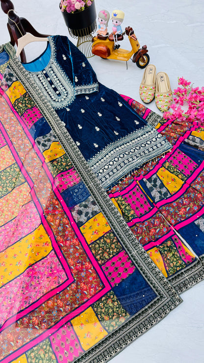 Reception Wear Blue Color Velvet With Embroidery Codding Sequence Work Velvet Sharara Suit