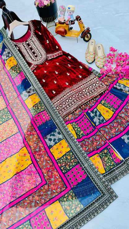Reception Wear Maroon Color Velvet With Embroidery Codding Sequence Work Velvet Sharara Suit