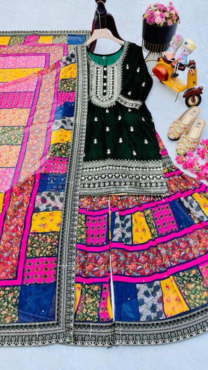 Reception Wear Green Color Velvet With Embroidery Codding Sequence Work Velvet Sharara Suit
