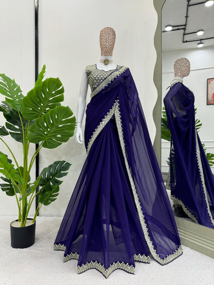 Ceremony Wear Royal Blue Color Heavy Georgette Thread 9mm Sequence Designer Saree