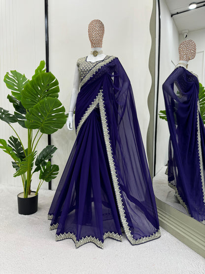 Ceremony Wear Royal Blue Color Heavy Georgette Thread 9mm Sequence Designer Saree