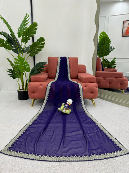 Ceremony Wear Royal Blue Color Heavy Georgette Thread 9mm Sequence Designer Saree