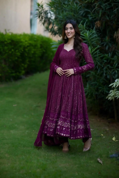 Party Wear Wine Color Faux Blooming Fabric With 3mm Embroidery Badlo Zari Work Beautiful Anarkali Suit