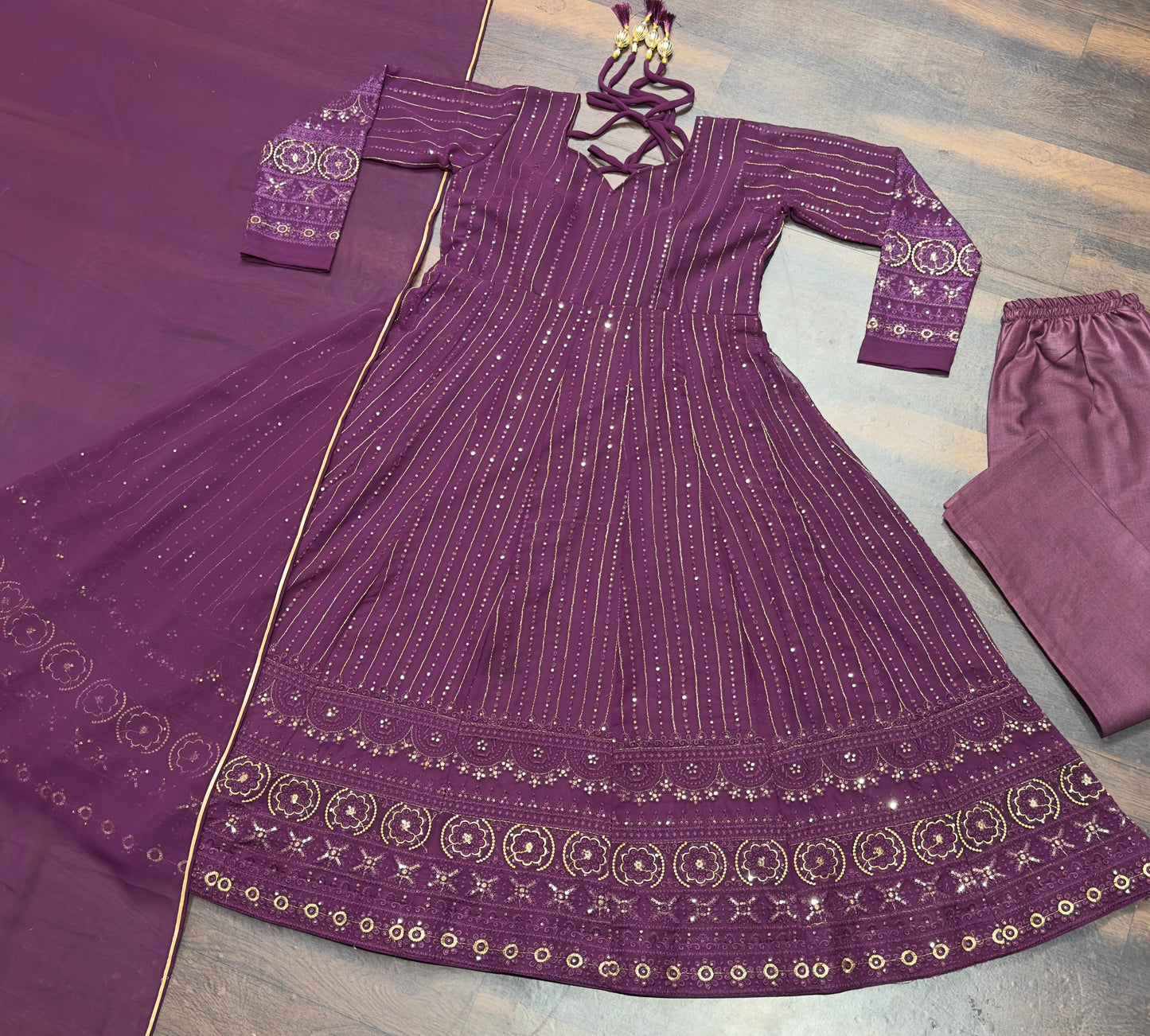 Party Wear Wine Color Faux Blooming Fabric With 3mm Embroidery Badlo Zari Work Beautiful Anarkali Suit