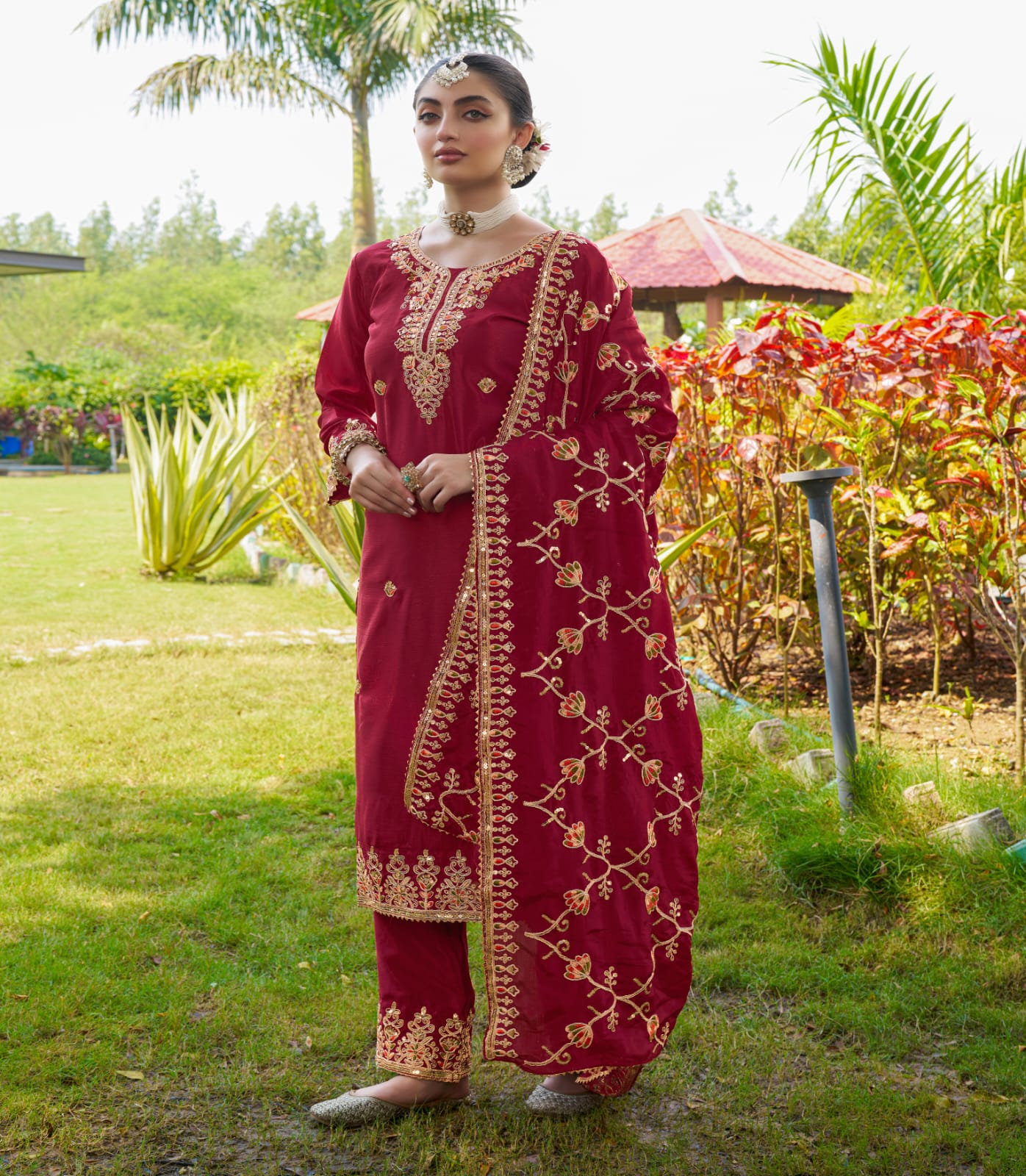 Stylish Dark Red Color Chinon Heavy Coding Embroidery With 5mm Sequence Work Designer Salwar Suit