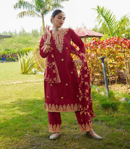 Stylish Dark Red Color Chinon Heavy Coding Embroidery With 5mm Sequence Work Designer Salwar Suit