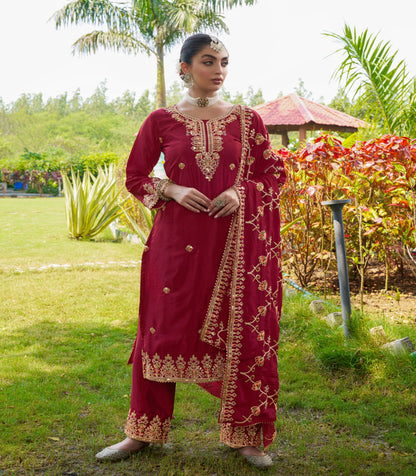 Stylish Dark Red Color Chinon Heavy Coding Embroidery With 5mm Sequence Work Designer Salwar Suit