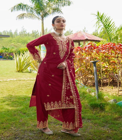 Stylish Dark Red Color Chinon Heavy Coding Embroidery With 5mm Sequence Work Designer Salwar Suit