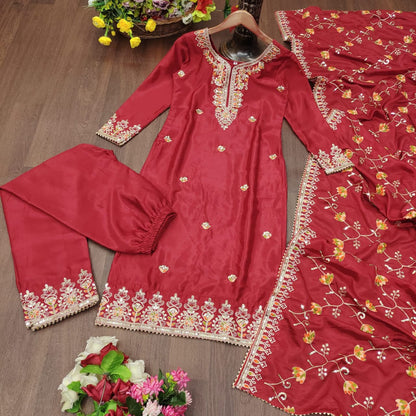 Stylish Dark Red Color Chinon Heavy Coding Embroidery With 5mm Sequence Work Designer Salwar Suit