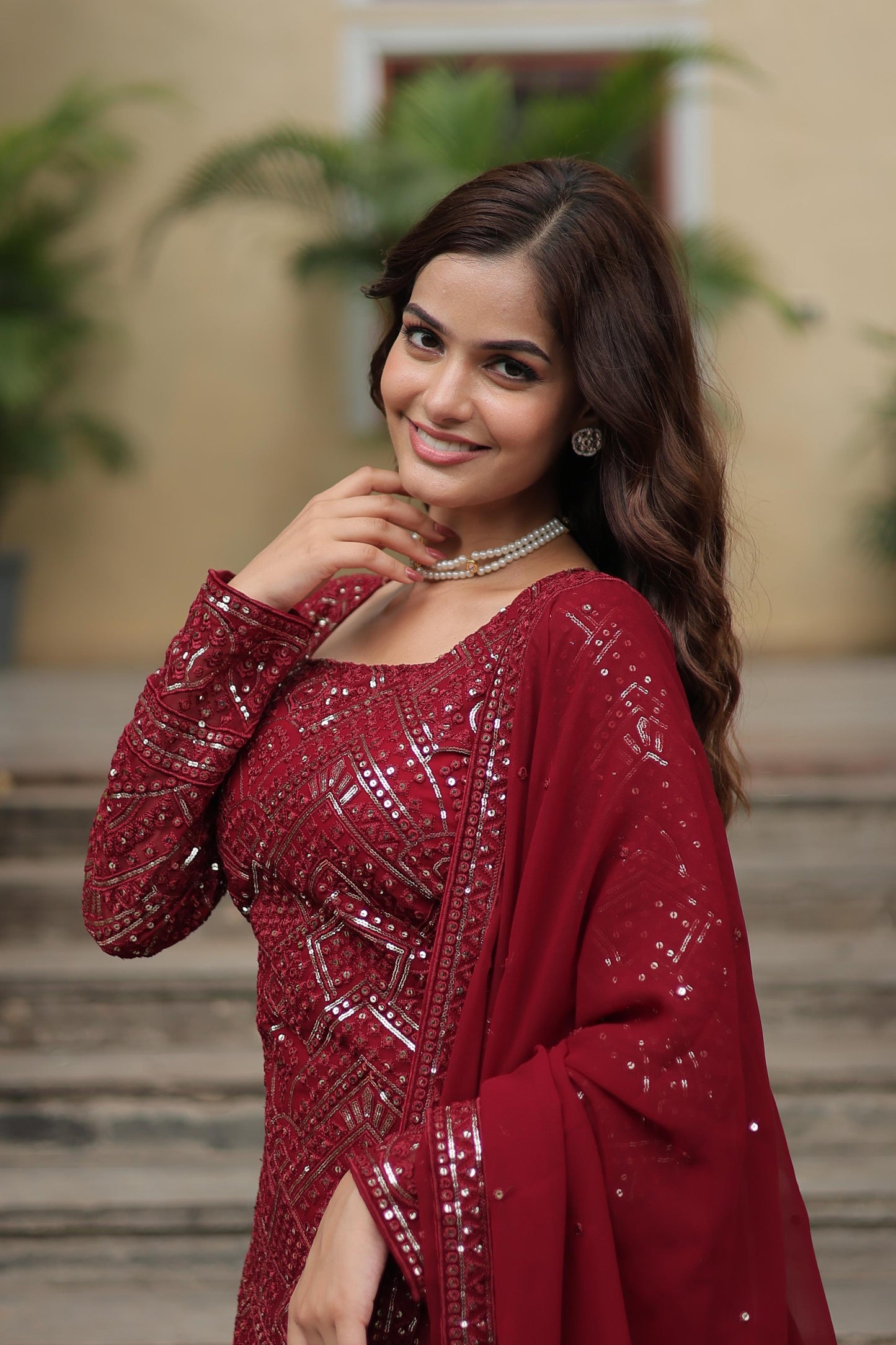 Party Wear Maroon Color Faux Georgette With Sequins And Thread Embroidered Work Beautiful Sharara Suit