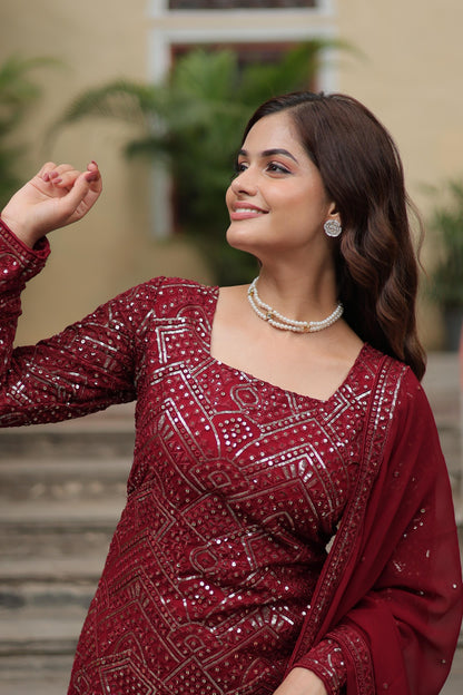Party Wear Maroon Color Faux Georgette With Sequins And Thread Embroidered Work Beautiful Sharara Suit