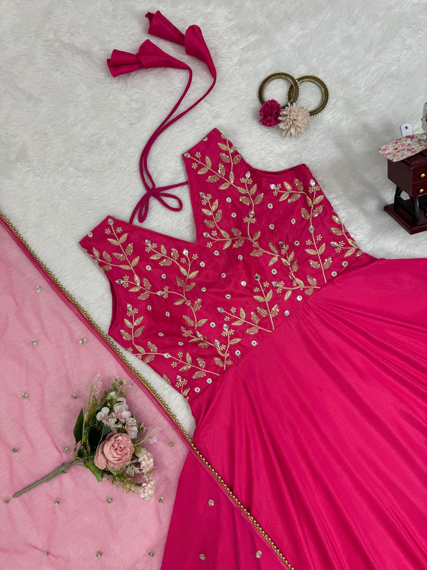 Mesmerizing Pink Color Chinon Silk And  Thread With 9mm Sequence Work Designer Gown