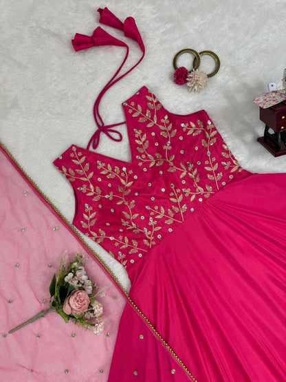 Mesmerizing Pink Color Chinon Silk And  Thread With 9mm Sequence Work Designer Gown