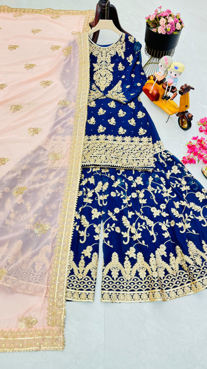 Captivating Blue Color Faux Georgette With Embroidery Codding Sequence Work Designer Sharara Suit