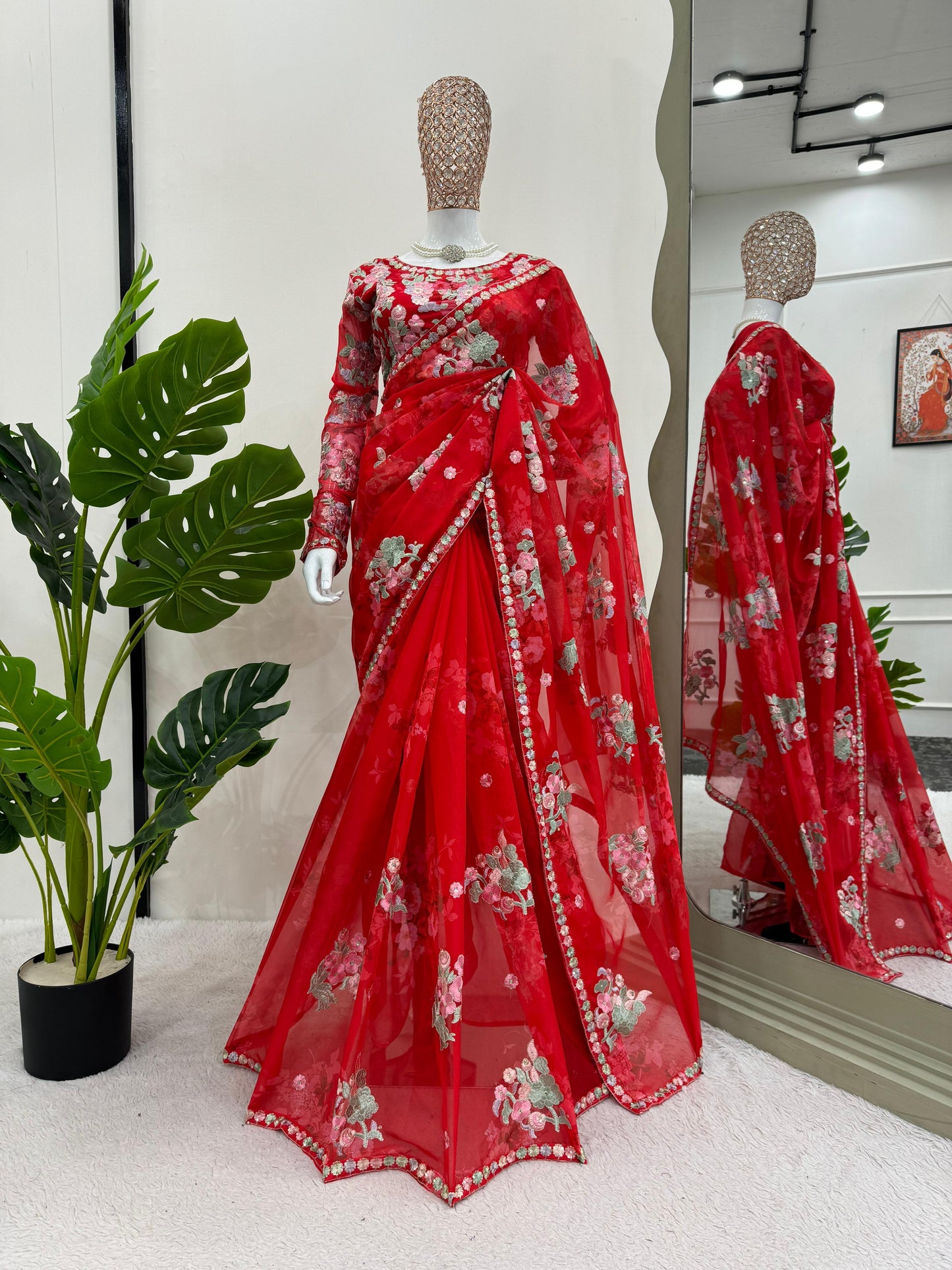 Elegant Red Color Flower Printed Heavy Georgette Thread And Sequence Work With Digital Printed Saree