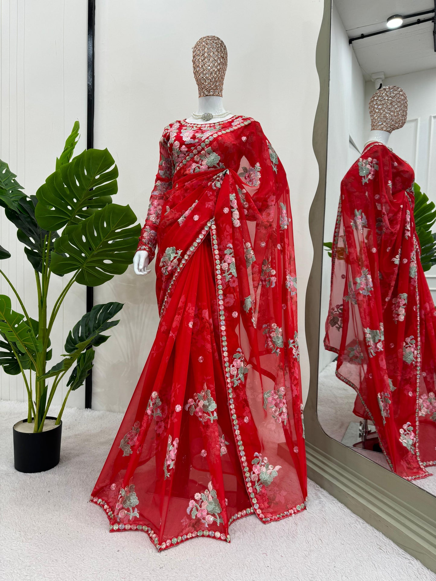 Elegant Red Color Flower Printed Heavy Georgette Thread And Sequence Work With Digital Printed Saree