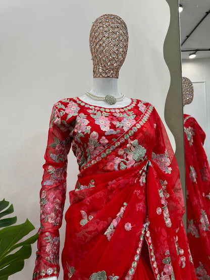 Elegant Red Color Flower Printed Heavy Georgette Thread And Sequence Work With Digital Printed Saree