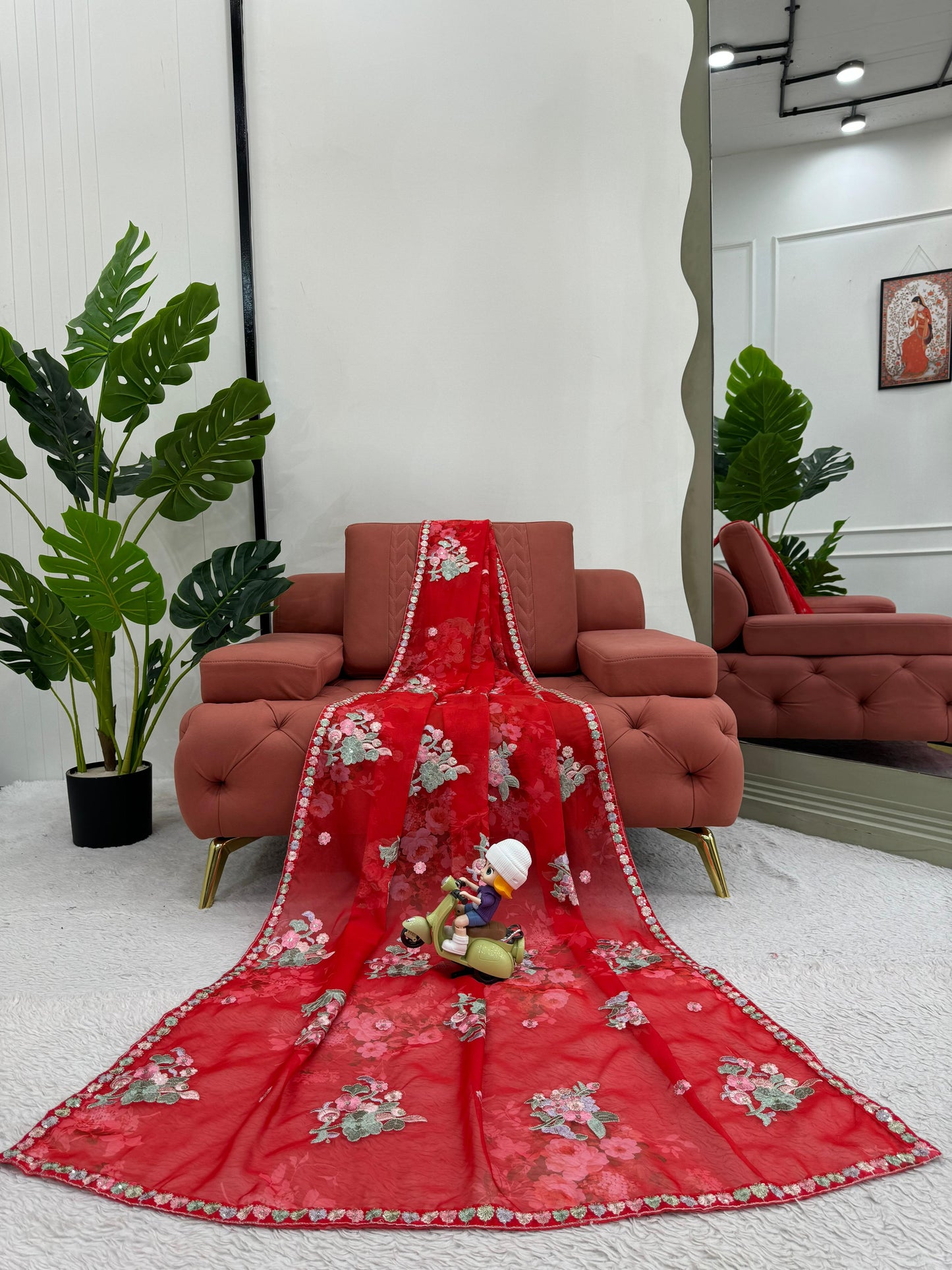 Elegant Red Color Flower Printed Heavy Georgette Thread And Sequence Work With Digital Printed Saree