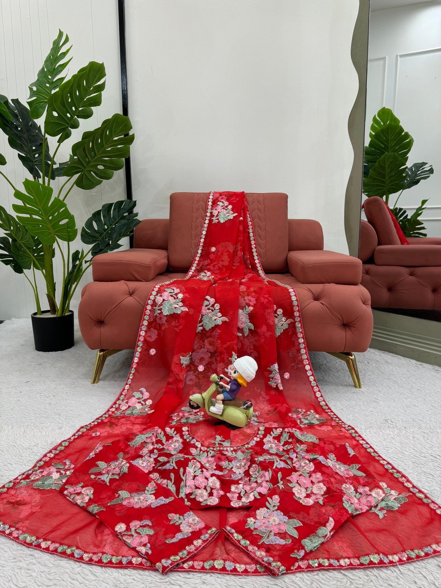 Elegant Red Color Flower Printed Heavy Georgette Thread And Sequence Work With Digital Printed Saree