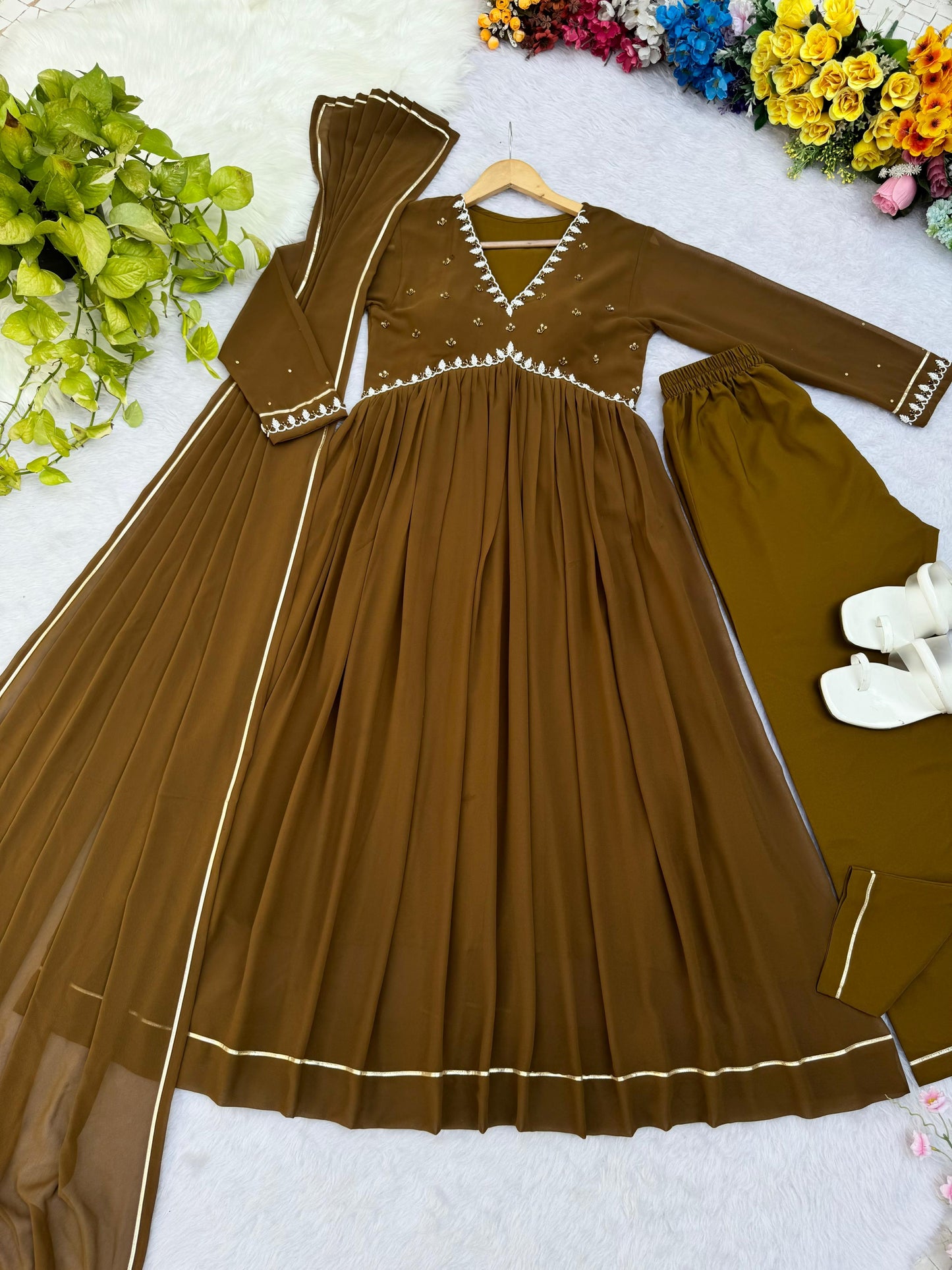 Casual Wear Brown Color Faux Georgette Heavy Blooming Designer Gown