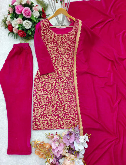 Beautiful Pink Color Pure 9000 Viscous Velvet With Heavy Embroidery Shine Work Salwar Suit
