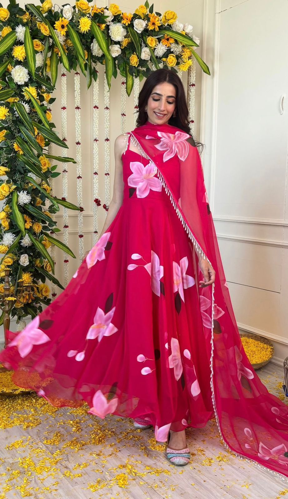 Festive Wear Pink Color Digital Flower Printed Organza Silk Anarkali Suit