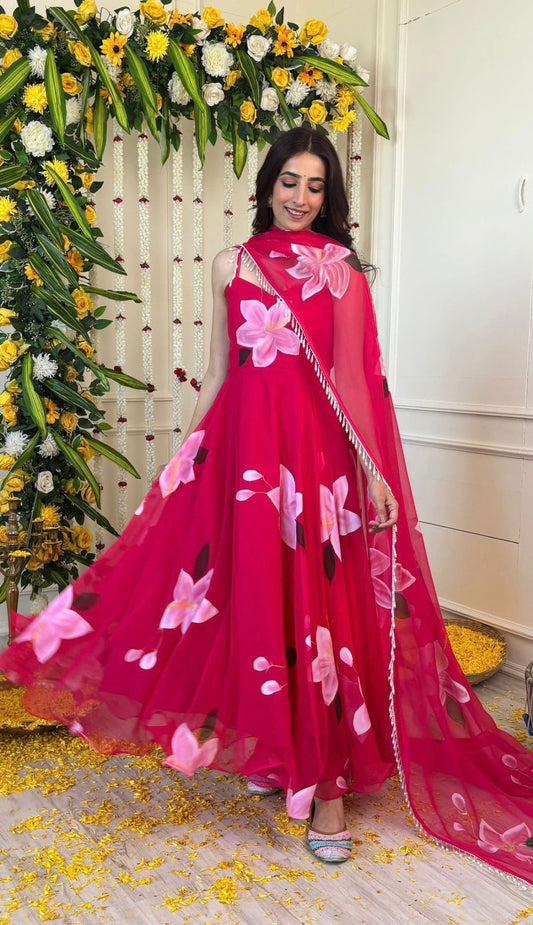 Festive Wear Pink Color Digital Flower Printed Organza Silk Anarkali Suit