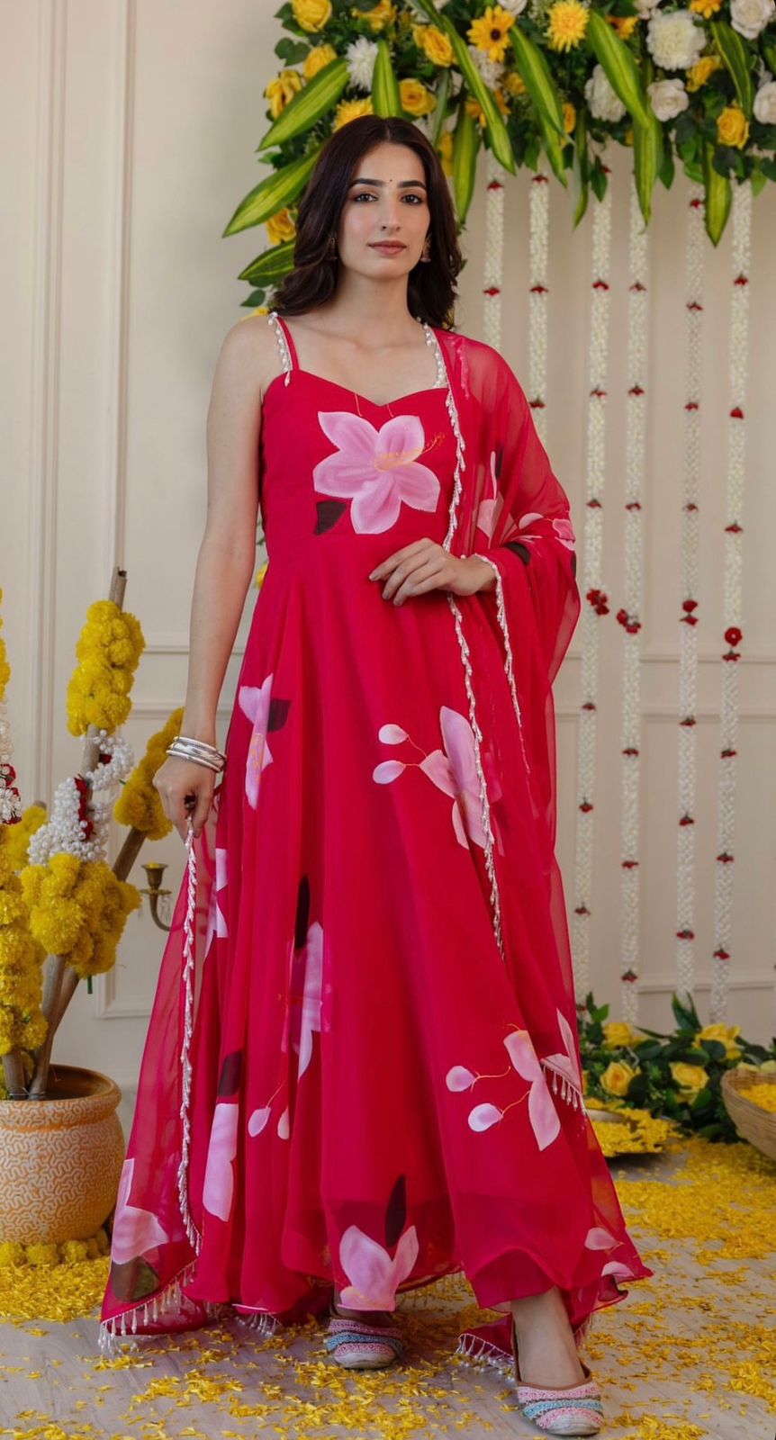 Festive Wear Pink Color Digital Flower Printed Organza Silk Anarkali Suit