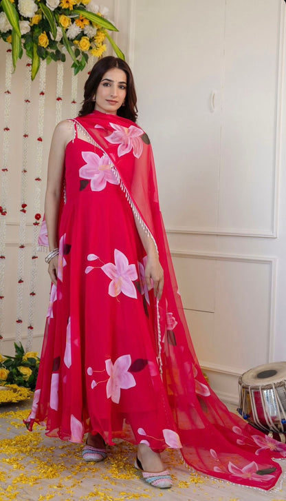 Festive Wear Pink Color Digital Flower Printed Organza Silk Anarkali Suit