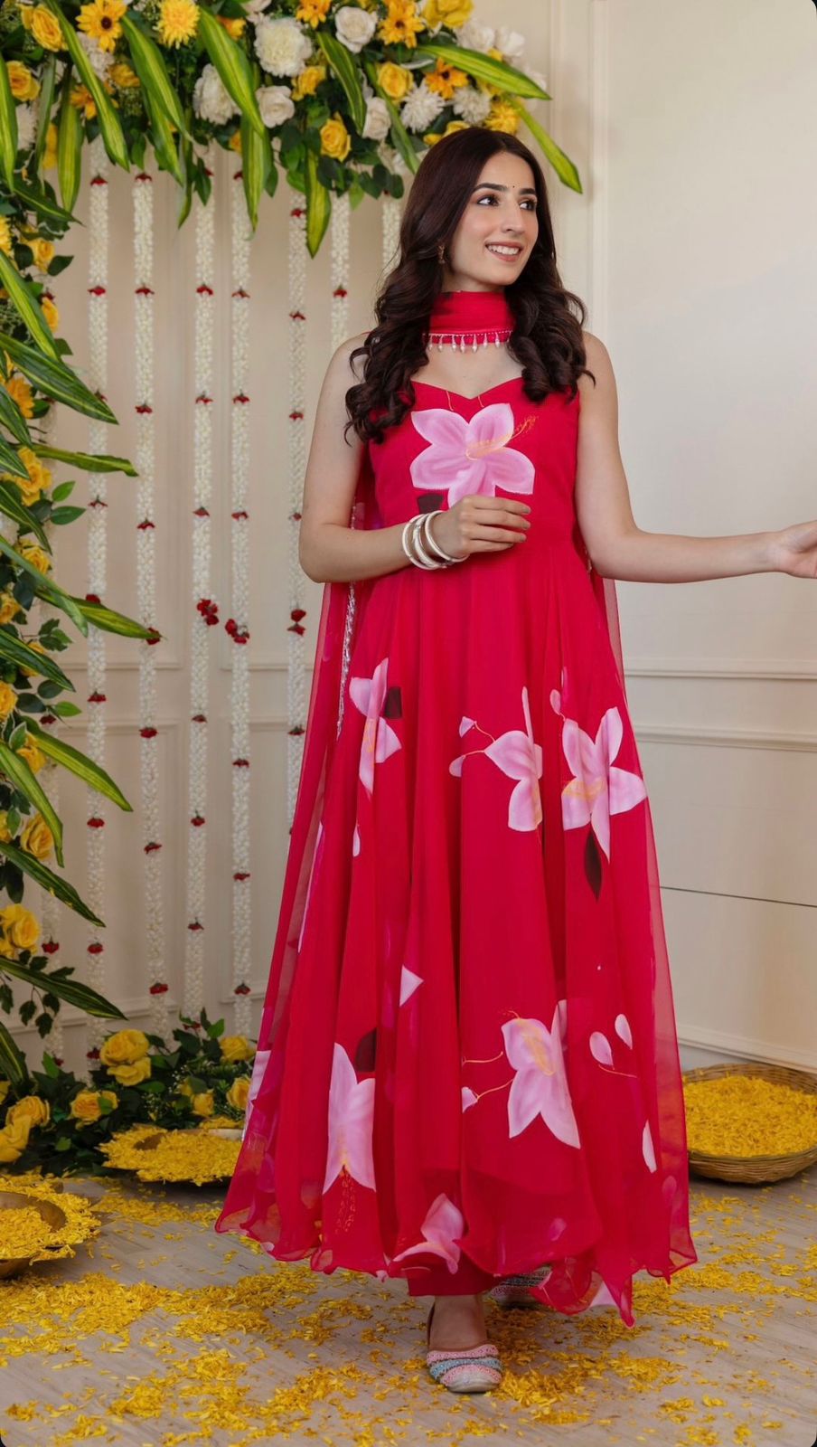 Festive Wear Pink Color Digital Flower Printed Organza Silk Anarkali Suit