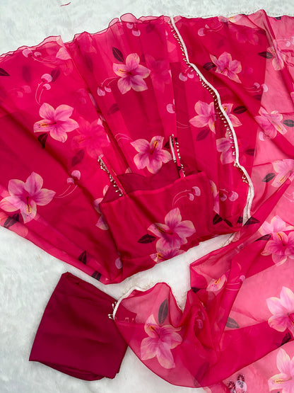 Festive Wear Pink Color Digital Flower Printed Organza Silk Anarkali Suit